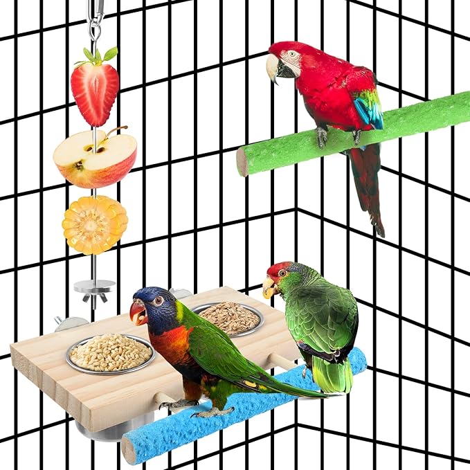 Bird Feeding Dish Cups, Wooden Perch Stand Platform Paw Grinding Toy Feeder, with Clamp Holder Stainless Bird Feeder Birds Food Water Bowls Cage Food Holder Parrot Fruit Vegetable Skewer