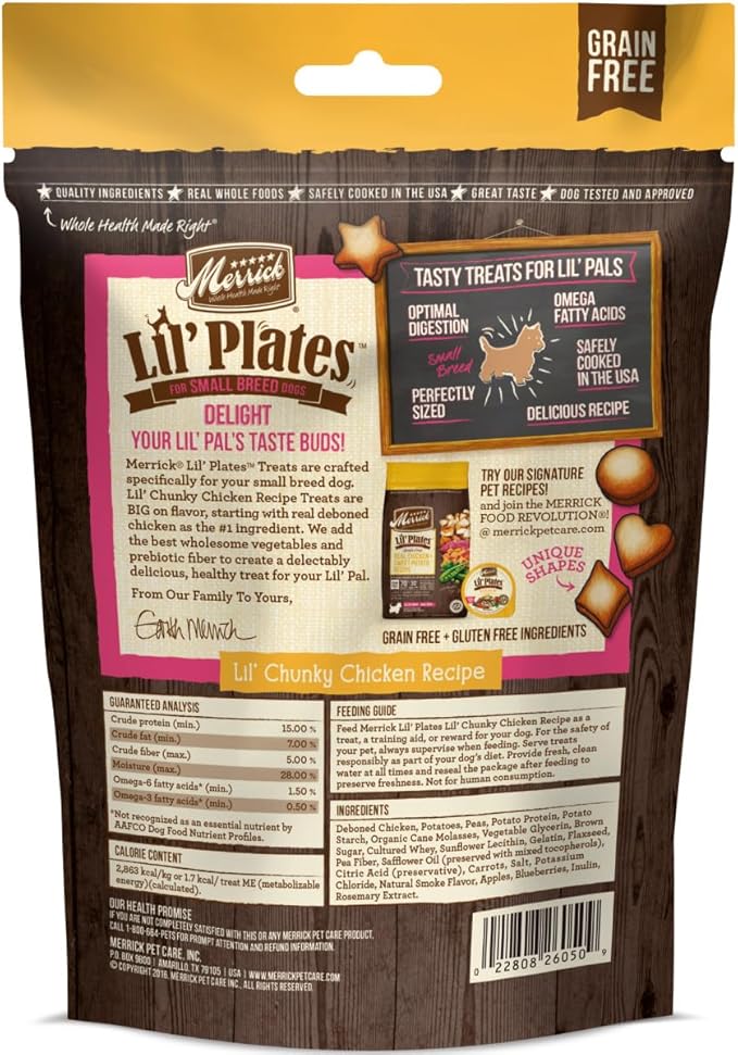 Merrick Lil’ Plates Grain Free Small Dog Treats, Natural Training Treats for Small Dogs, Lil’ Chunky Chicken - 5 oz. Pouch (Pack of 4)