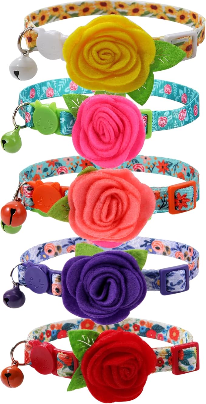 Cat Collar Breakaway with Bells, 5 Pack Small Dog Collar with Flower Charms