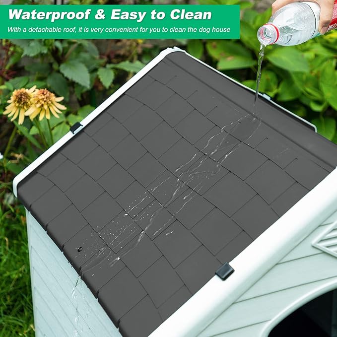 FDW Dog House Indoor Outdoor Durable Ventilate Waterproof Pet Plastic Dog House for Small Medium Large Dogs Insulated Puppy Shelter Kennel Crate with Air Vents and Elevated Floor