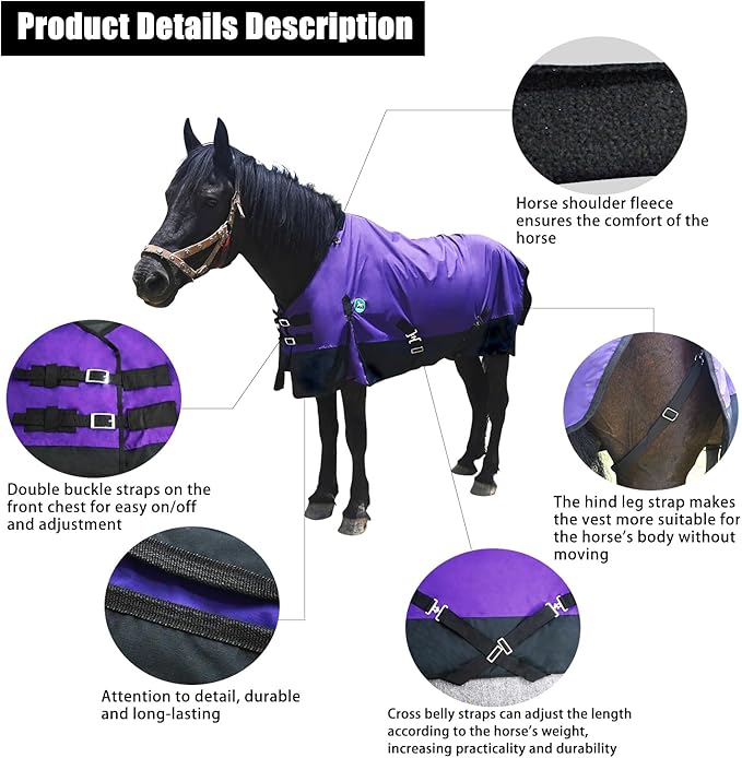 Waterproof and Breathable Horse Sheet|Horse Blankets for Real Horses|Adjustable with Tail Rainy Day Choices for Horses(78", Purple)