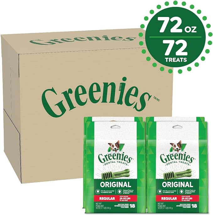 GREENIES Original Regular Natural Dog Dental Care Chews Oral Health Dog Treats, 72 oz. Pack (72 Treats)