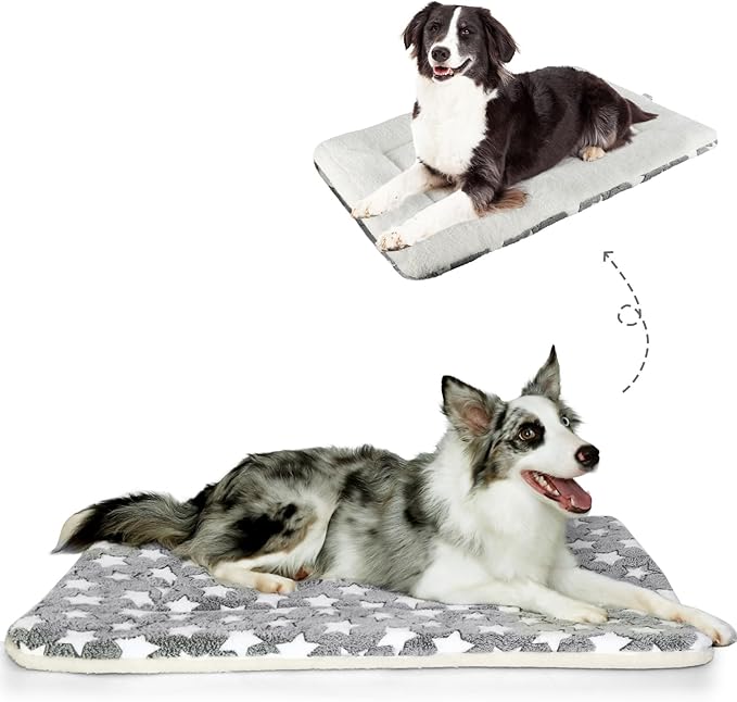 Mora Pets Dog Bed Crate Pad Ultra Soft Pet Bed with Cute Star Print Washable Crate Mat for Large Medium Small Dogs Reversible Fleece Dog Crate Kennel Mat Cat Bed Liner 35 x 22.8 inch Grey