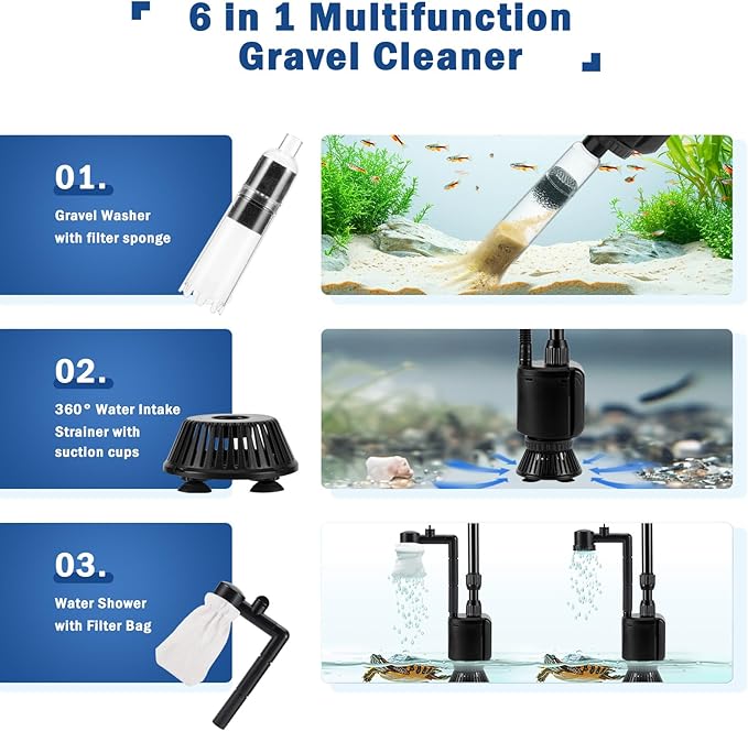 AQQA Aquarium Gravel Cleaner Kit,6 in 1 Electric Fish Tank Vacuum Cleaning Tools Water Changer,Multifunction Wash Sand Filter Water Circulation 110V 60Hz/ 20W 320GPH