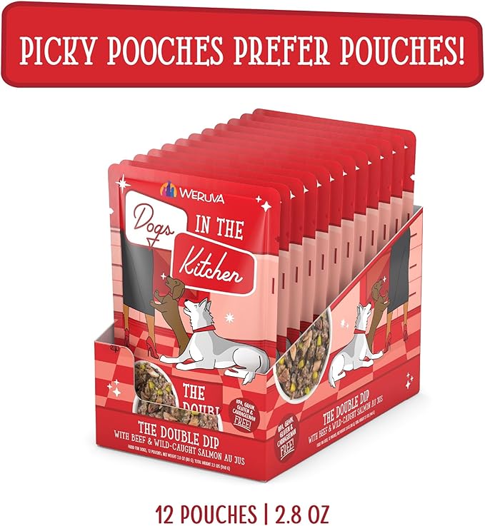 Weruva Dogs in The Kitchen, The Double Dip with Beef & Wild-Caught Salmon Au Jus Dog Food, 2.8oz Pouch (Pack of 12), Red