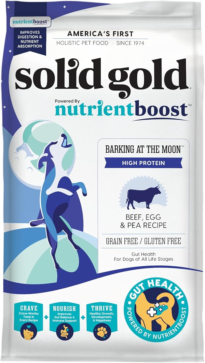 Solid Gold Dry Dog Food w/Nutrientboost for Adult & Senior Dogs - Made with Real Beef, Egg, and Pea - Barking at The Moon High Protein Dog Food for Energy, Digestive and Immune Support - 11 LB Bag