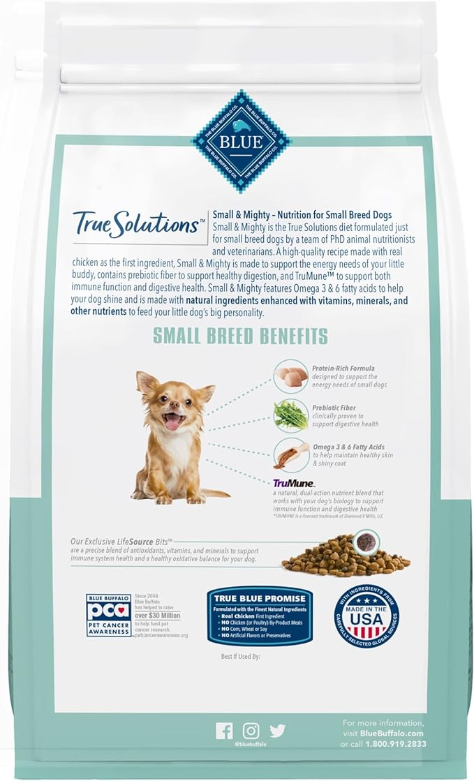 Blue Buffalo True Solutions Small & Mighty Small Breed Adult Dry Dog Food, Supports High Energy Needs, Made in the USA with Natural Ingredients, Chicken, 4-lb. Bag