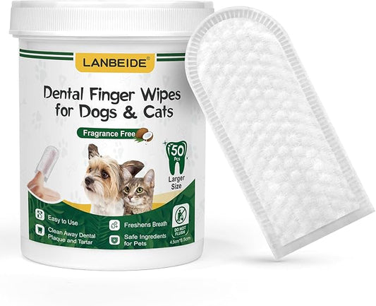 LANBEIDE Updated Larger Pet Teeth Cleaning Wipes for Dogs & Cats, Dog Dental Wipes No-Rinse Dog Finger Toothbrush for Reducing Plaque & Tartar, Breath Freshener Dental and Gum Care Pet Wipes 50 Counts