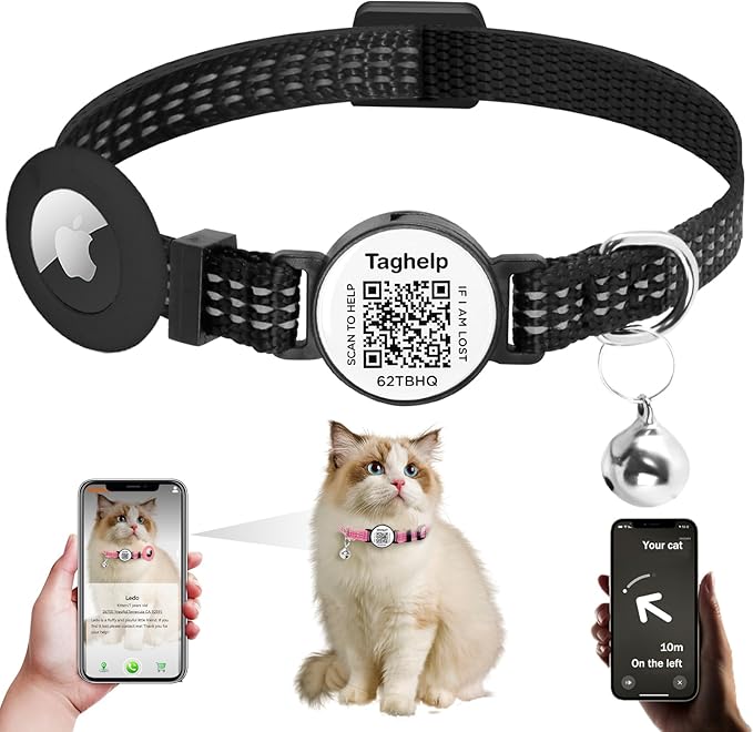 Airtag Cat Collar, Air tag Cat Collar with Bell and Safety Buckle in 3/8" Width, Reflective Collar with Waterproof Airtag Holder Compatible with Apple Airtag for Cat Dog Kitten Puppy (Black B)