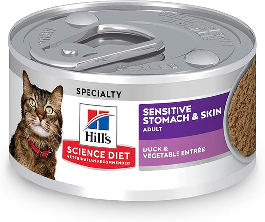 Hill's Science Diet Sensitive Stomach & Skin, Adult 1-6, Stomach & Skin Sensitivity Support, Wet Cat Food, Duck & Vegetables Minced, 2.9 oz Can, Case of 24