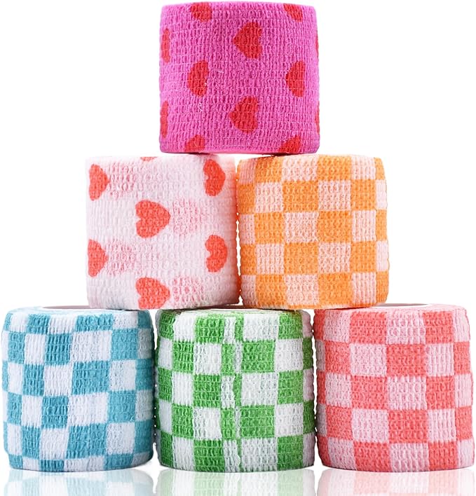 6 Roll 2 Inch x 5 Yards Checkered and Heart Print Pet Vet Wrap for Dogs Cats, Cohesive Bandages in Bulk, Non-Woven Self Adhesive Bandages Wrap Roll for Animals Wound Care, Ankle Sprains and Swelling