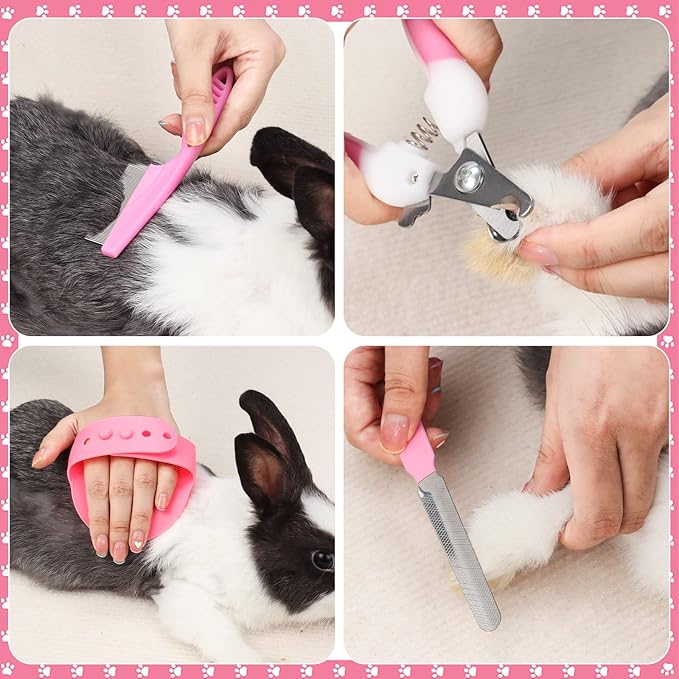 Rabbit Grooming Kit, Rabbit Brush, Small Animal Pets Grooming Kits Include Pet Grooming Shedding Slicker Brush, Bath Massage Glove Brush, Nail Clipper, Flea Comb, Pet Double-Sided Comb for Rabbits Guinea Pigs Hamster Bunny (pink)