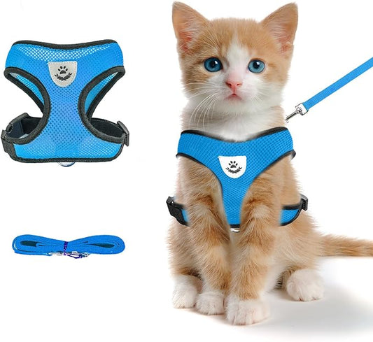 Summer cat Chest Harness and Leash, Anti-Escape Adjustable Soft mesh cat Leash and Chest Harness Set for All Types of Cats cat Vests (Size S, Sky Blue)