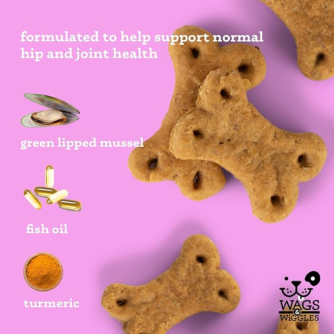 Wags & Wiggles Super HIPS Functional Treats for Dogs, Chicken Flavor, Resealable Bag | Hip & Joint Support Dog Treats with Green Lipped Mussel, Fish Oil, and Turmeric, 5.5 Ounce - 4 Pack