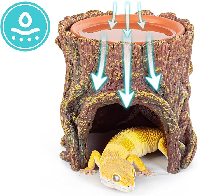 REPTIZOO Reptile Hide Cave Resin Moisture Keeping Reptile Cave with Clay Water Basin Humidifying Help Shedding for Reptile Amphibians Leopard Gecko