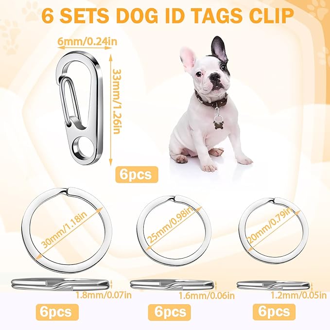 6 Sets Dog Tag Clip Key Ring Clips with 18Pcs Replaceable Dog ID Tag Rings for Collar Split Key Rings for Keychains Jewelry Making Crafts in 3 Sizes, Dog Tag Clip Ring Made of Stainless Steel