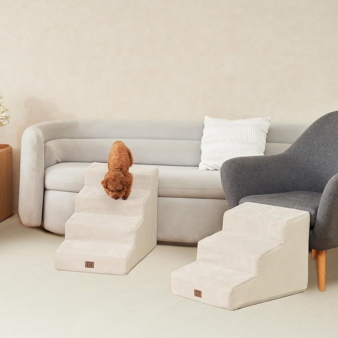 EHEYCIGA Dog Stairs for Beds 19.7" H, 4-Step Dog Steps for Small Dogs and Cats, Slope Pet Steps with Non-Slip Bottom, Beige