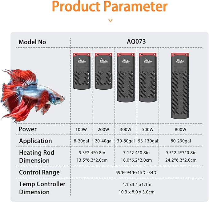 AQQA Aquarium Heater 500W Heater for Fish Tank 53-130 Gal PTC Submersible Heater with External Digital Controller Adjustable Temp Range 59-94℉ Over-Temperature Protection (500W for 53-130Gal)