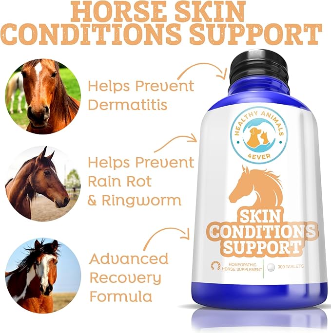 Healthy Animals 4Ever All-Natural Horse Skin Conditions Support - Helps Prevent Dermatitis, Rain Rot & Ringworm - Supplements for Horses - Homeopathic & Highly Effective - 300 Tablets