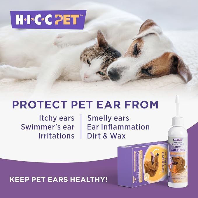 HICC PET Dog Ear Cleaner - Dog Ear Inflammation Therapy with 0.012% Hypochlorous Acid for Itch Relief, Soothe Ear Inflammation, Removes Wax, Odor, with 30 Cotton Swabs, 4 Fl oz