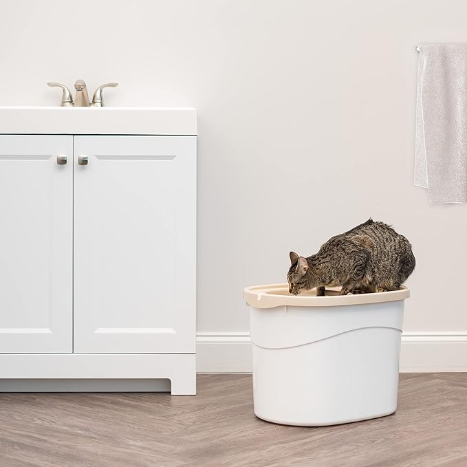 IRIS USA Oval Top Entry Cat Litter Box with Scoop, Kitty Litter Box, Cat Litter Box Enclosure, Large, White/Beige