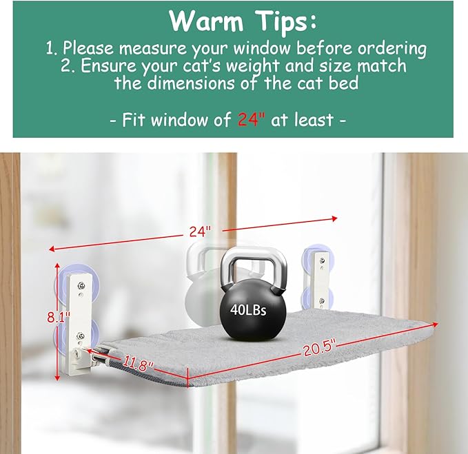 Cordless Folding Cat Window Perch, Cat Hammock for Window and Wall, with 4 Suction Cups and Sturdy Setal Frame,Glass Windows Hammock for Cats Inside (Grey Medium)