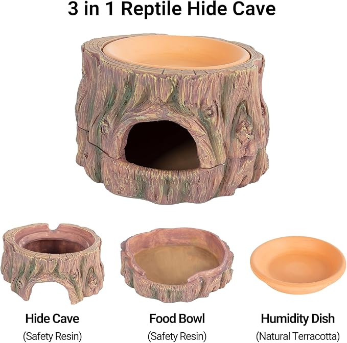 3 in 1 Reptile Hide Cave with Detachable Base & Humidity Dish, Essential Tank Terrarium Decor Humid Hideout Accessories for Small Reptiles Crested Gecko, Leopard Gecko, Lizard, Snake, Crabs