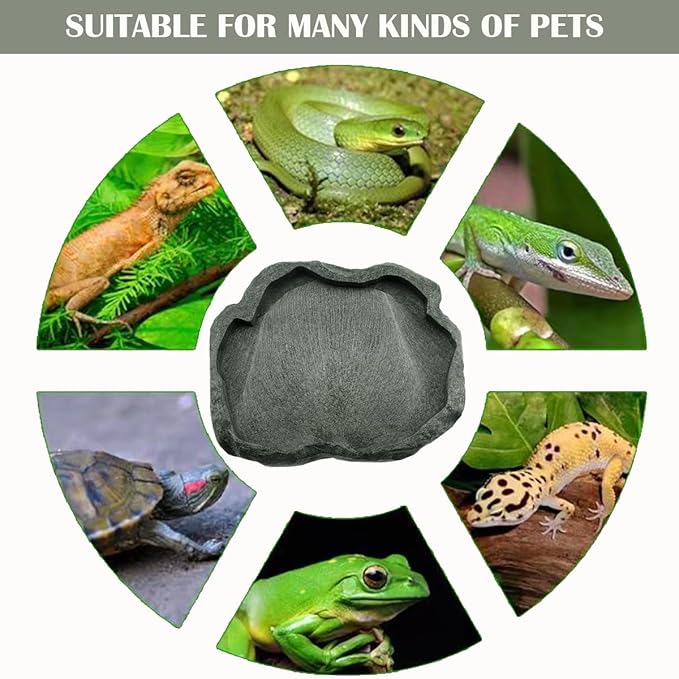 Reptile Water Dish Bowl Resin Rock Reptile Food and Water Feeder Pet Aquarium Ornament Terrarium Plate for Tortoise Lizard (Drak Green Large)