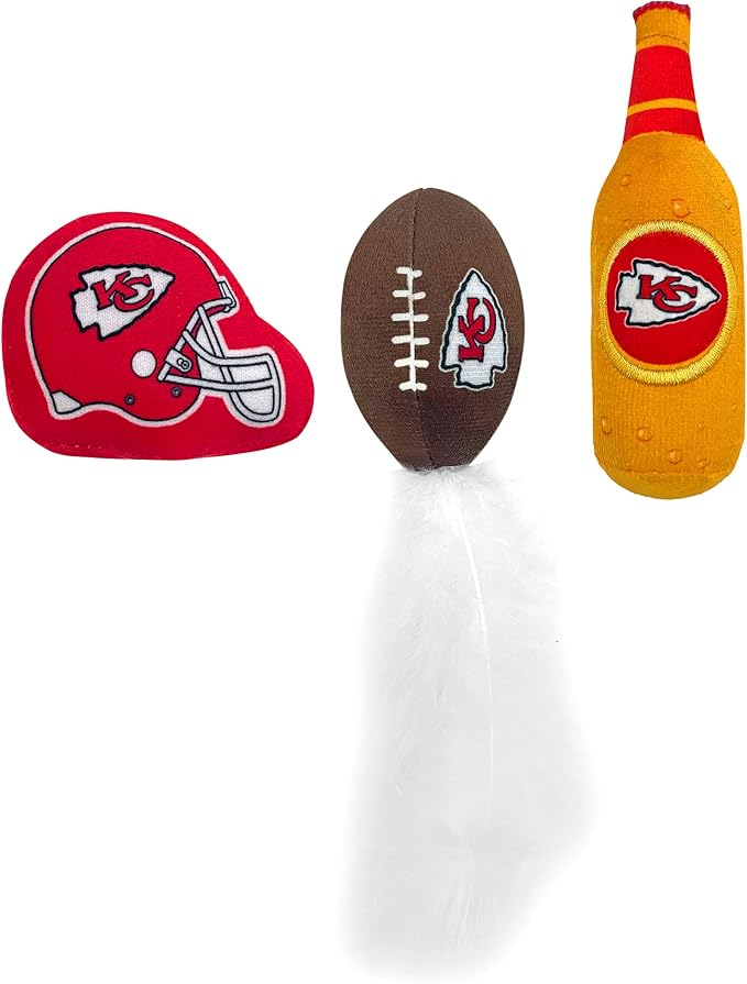 BEST PLUSH CAT TOY - NFL KANSAS CITY CHIEFS Complete Set of 3 piece Cat Toys filled with Fresh Catnip. Incld: 1 Helmet Cat Toy, 1 Football Cat Toy with Feathers, & 1 Beer Bottle. Beautiful Team LOGOS