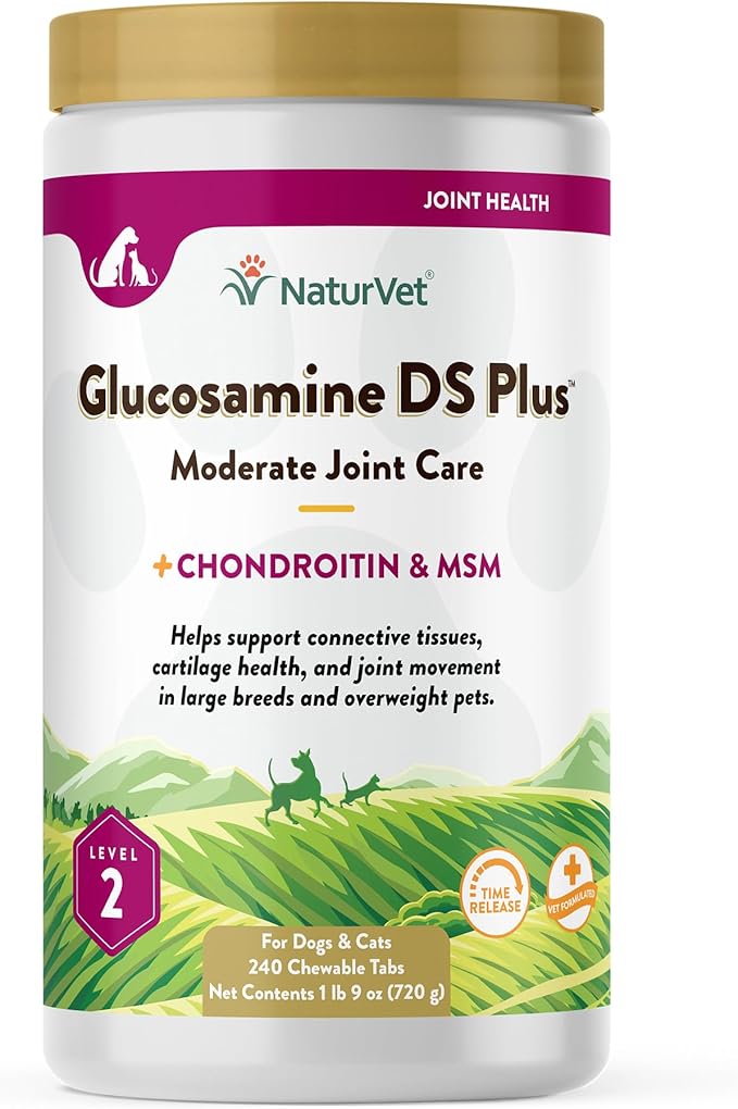 NaturVet Glucosamine DS Plus Level 2 Moderate Care Joint Support Supplement for Dogs and Cats, Chewable Tablets Time Release, Made in The USA, 240 Count