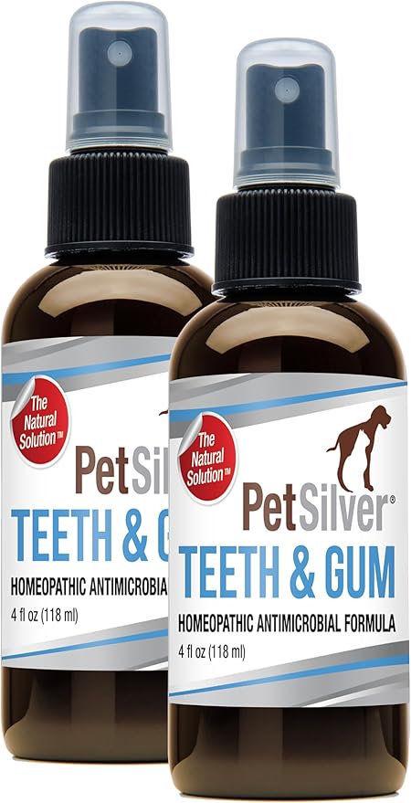 PetSilver Teeth & Gum Spray, Patented Chelated Silver, Dog Teeth Cleaning, Natural Dog Breath Freshener, Cat Teeth Cleaning Without Brushing, Dog Dental Spray, Made in The USA, 2-Pack 4 oz