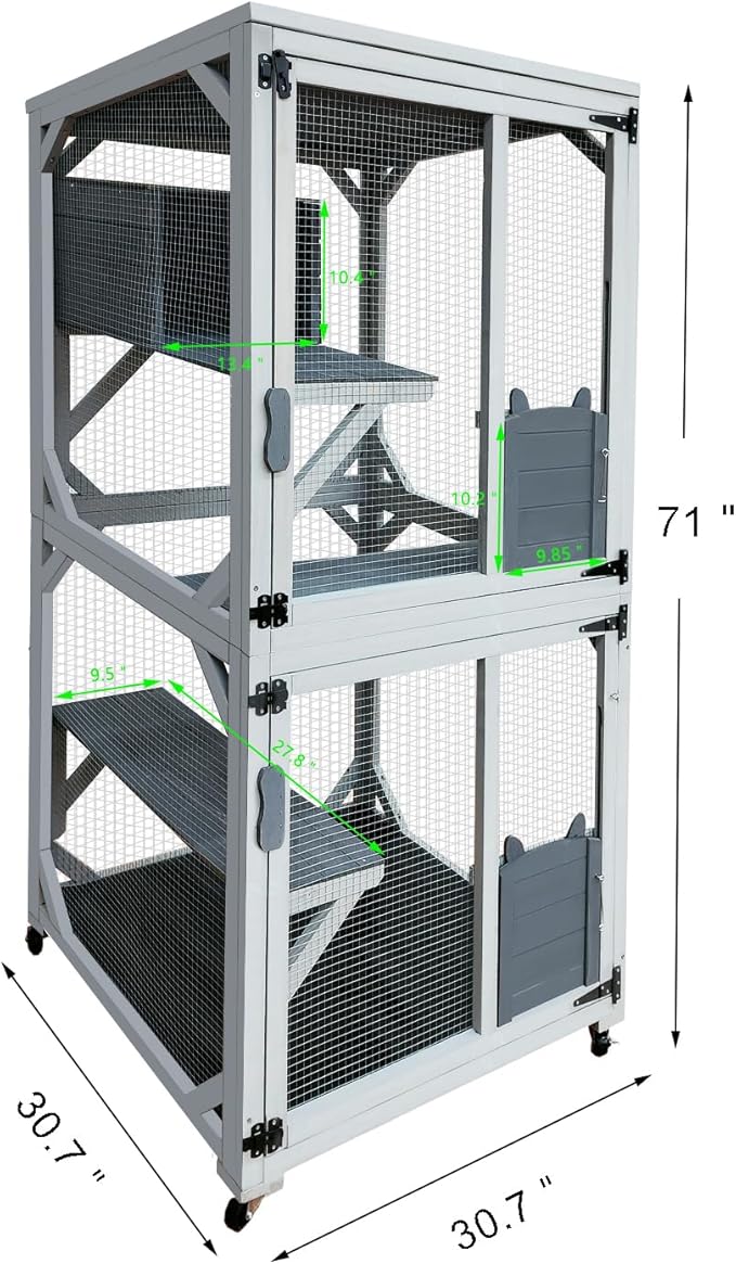 71 Inch Wooden Catio Outdoor Cat Enclosure on Wheels, Luxury Kitty-House with 4 Platforms & Weatherproof Asphalt Roof, Kitty Condo Cage Shelter Playpen with Sliding Doors