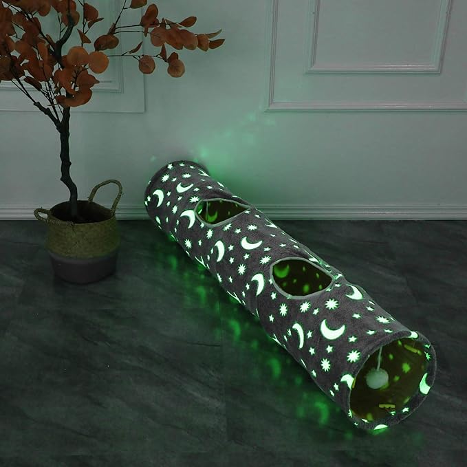 LUCKITTY Cat Tunnel Tube with Plush Ball Toys Collapsible Self-Luminous Photoluminescence, for Small Animals Pets Bunny Rabbits, Kittens, Ferrets,Puppy and Dogs Grey Moon Star