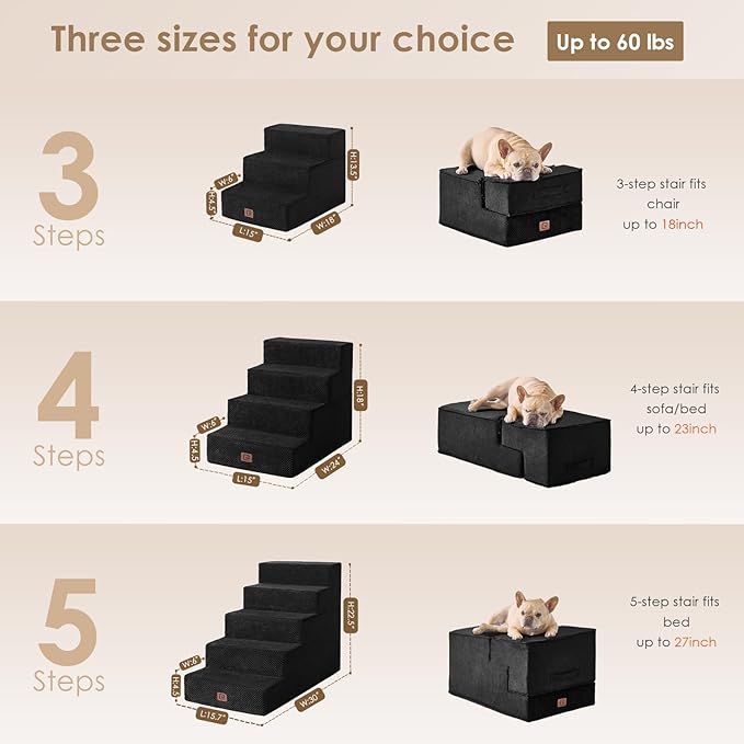 EHEYCIGA Dog Stairs for High Bed 22.5”H, 5-Step Dog Steps for Bed, Pet Steps for Small Dogs and Cats, Non-Slip Balanced Dog Indoor Ramp, Black