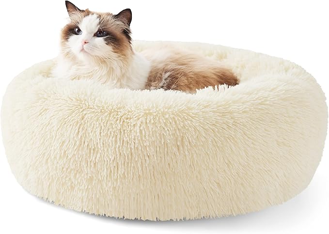 Bedsure Calming Cat Bed for Indoor Cats - Small Washable Round Cat Bed, Anti-Slip Fluffy Plush Faux Fur Pet Bed, Fits up to 15 lbs Pets, Oat Milk, 20 inches