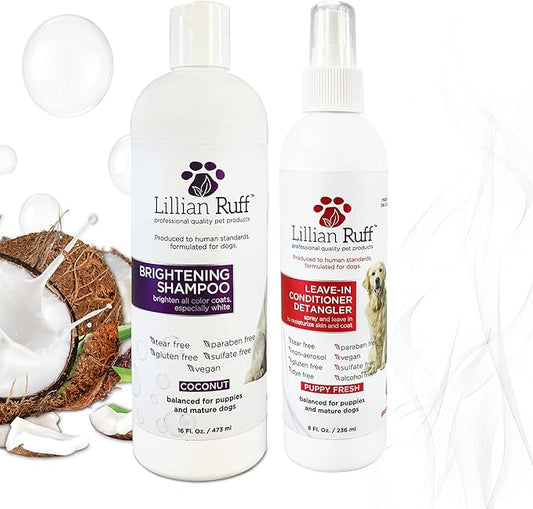 Lillian Ruff Ultra-Brightening Professional Whitening Shampoo for Dogs & Leave-in Dog Conditioner Detangler Spray Set - pH-Balanced Dog Whitening Shampoo & No Rinse Hydrating Dog Conditioning Spray