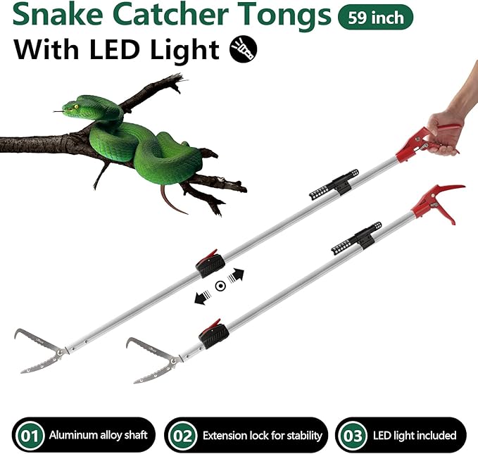 Snake Catcher Tongs Grabber Rattle Heavy Duty with 43 inch to 59 inch Telescopic Pole
