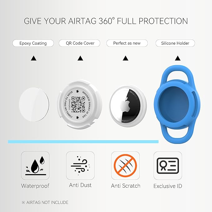 QR Code Airtag Holder, Scan QR Code Send Location Alert Email, Waterproof Full Body Protection Anti-Lost Air Tag Case, Airtag Accessories for Dog, Cats, Collar, Backpack (Blue, Small)