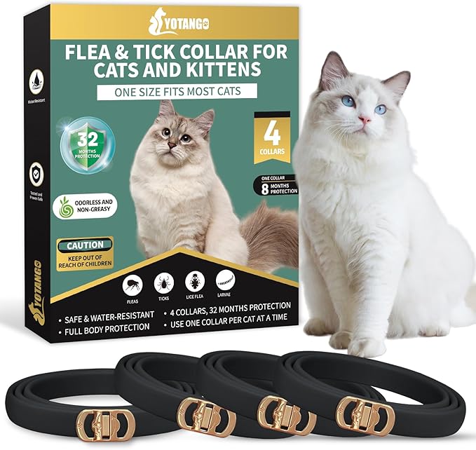 4 Pack Flea Collar for Cats, 32 Months Flea and Tick Prevention for Cats, Waterproof Cat Flea Collar, Cat Flea and Tick Treatment, Adjustable Flea and Tick Collar for Cats Kittens-Black