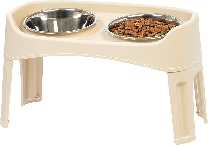 IRIS USA Elevated Dog Bowls, Adjustable Height, 2 Thick 64 oz Stainless Steel Bowls, Spill-Proof with Raised Outer Rim, Durable Made in USA Plastic, Easy Assemble, 2 Heights 4.63" or 12.25" Almond