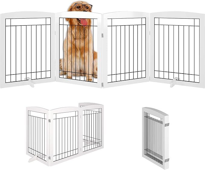 Folding Pet Gate 96" Wide, 30" Tall No-Assembly Wooden Dog Gate, Freestanding Wire Pet Gate, Pet Puppy Safety Fence, with 2PCS Support - White 2