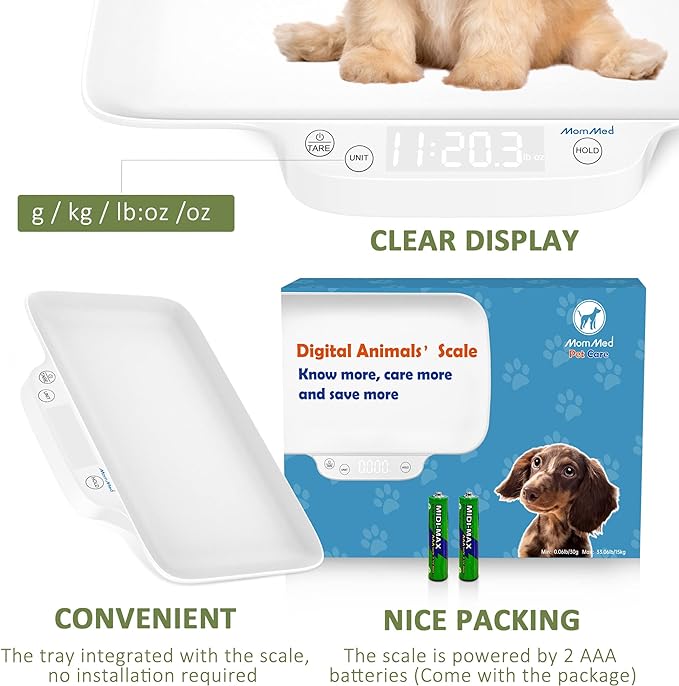 MomMed Digital Pet Scale, Portable Pet Dog Cat Scale with Hold and Tare Function, Precision Digital Scale, New Born Puppy and Kitten Scale with Tray for Puppy/Hamster/Little Bird/Rabbit, 1oz - 33lb