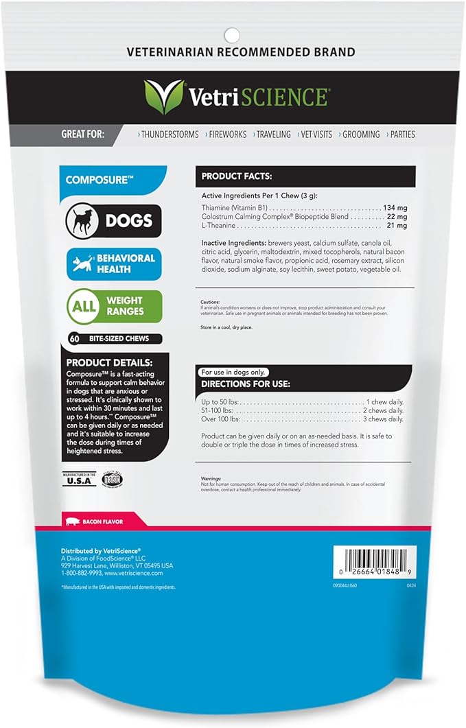 VETRISCIENCE Composure Calming Chews for Dogs - Clinically Proven Dog Anxiety Relief Supplement with Colostrum, L-Theanine & Vitamin B1 for Stress, Storms, Separation & More, 60 Count, Bacon Flavor