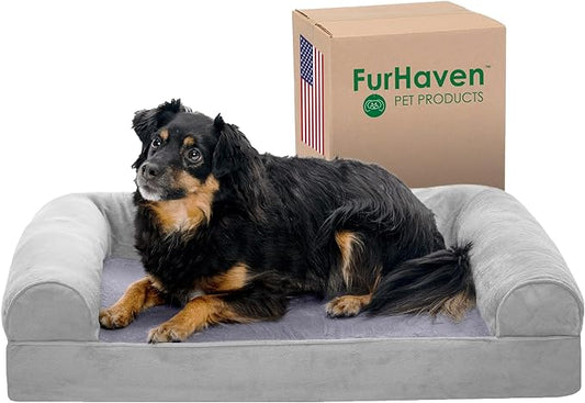 Furhaven Orthopedic Dog Bed for Medium/Small Dogs w/ Removable Bolsters & Washable Cover, For Dogs Up to 35 lbs - Faux Fur & Velvet Sofa - Smoke Gray, Medium