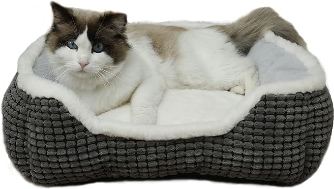 Dog Beds for Small Dogs, Cute Cat Beds for Indoor Cats, Super Soft Washable Cat Bed with Anti-Slip & Water-Resistant Bottom, Luxury Durable Kitten Bed and Puppy Bed, Square Grey Animal Pet Beds