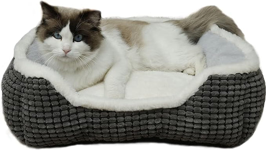 Dog Beds for Small Dogs, Cute Cat Beds for Indoor Cats, Super Soft Washable Cat Bed with Anti-Slip & Water-Resistant Bottom, Luxury Durable Kitten Bed and Puppy Bed, Square Grey Animal Pet Beds