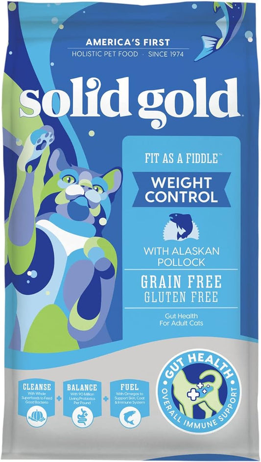 Solid Gold - Fit as a Fiddle Weight Management Cat Food - Low Calorie Grain Free Dry Cat Food Recipe with Alaskan Pollock - Superfoods & Probiotics for Gut Health and Immune Support