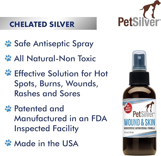 PetSilver Wound & Skin Spray with Patented Chelated Silver, Allergy Relief for Dogs Itching, Hot Spot Treatment for Dogs, Cat and Dog Wound Care, Natural Skin Soother for Dogs, USA, 4 fl. oz.