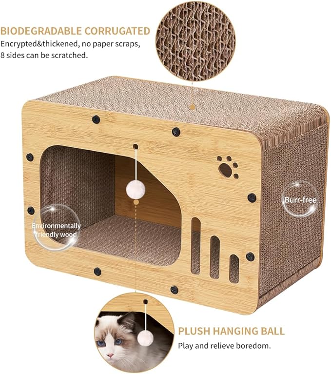 Cat Scratcher House, Cat Scratcher Board Cat Cave with Hanging Ball Toy，Large Space Cardboard Cat Bed Condo，Suitable for Cats to Rest&Scratching Cat Scratch Pad