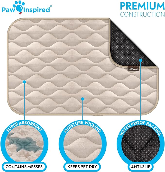 Paw Inspired Washable Padded Crate Mats for Dogs | 41” x 28” Pad, Fits 42-inch Kennels | Leakproof, Waterproof Bottom, Plush Pet Beds (Tan)